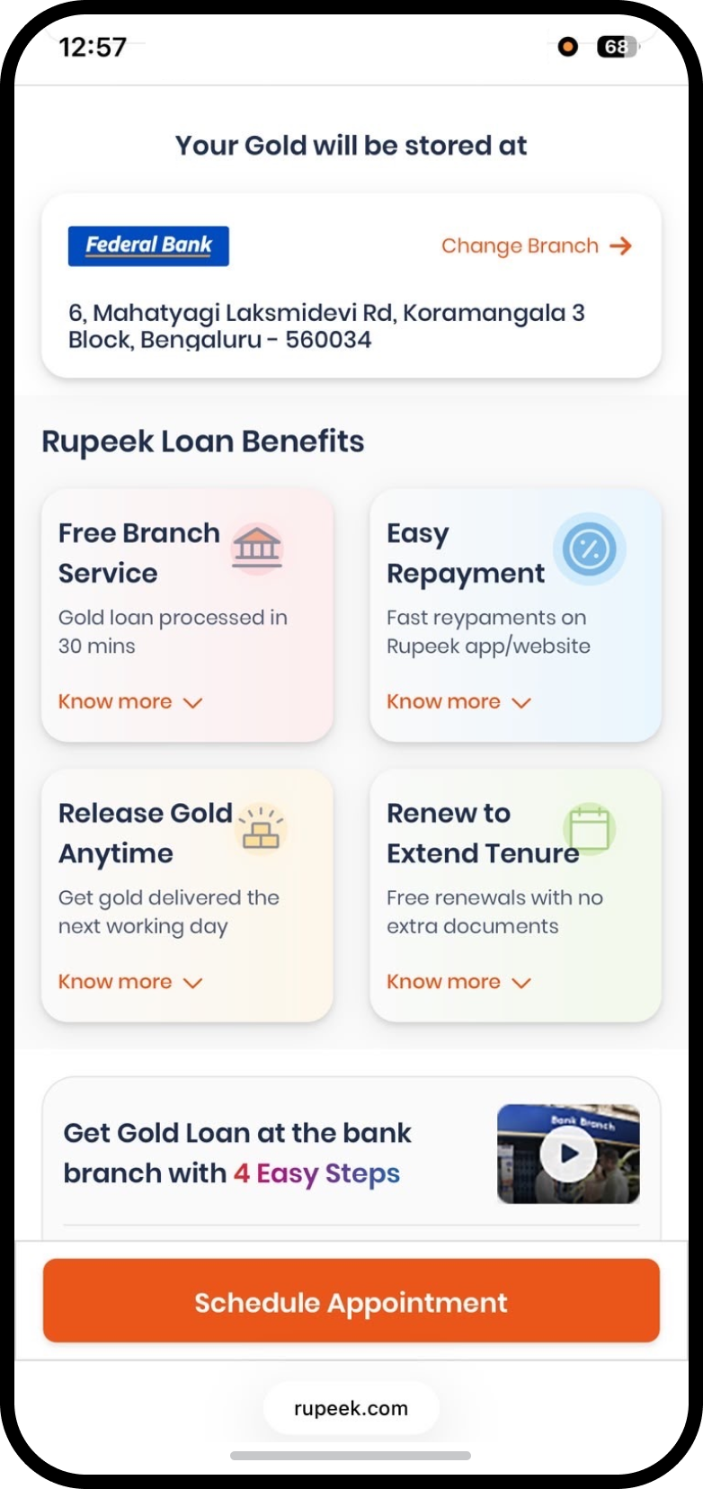 Rupeek gold loan app — branch storage and loan benefits